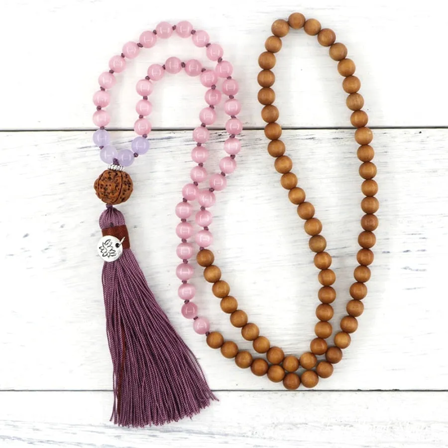 108 Sandalwood & Pink Opal Mala Bead Necklace With Rudraksha Guru Bead