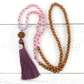 108 Sandalwood & Pink Opal Mala Bead Necklace With Rudraksha Guru Bead