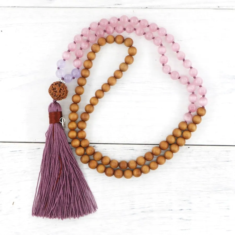 108 Sandalwood & Pink Opal Mala Bead Necklace With Rudraksha Guru Bead