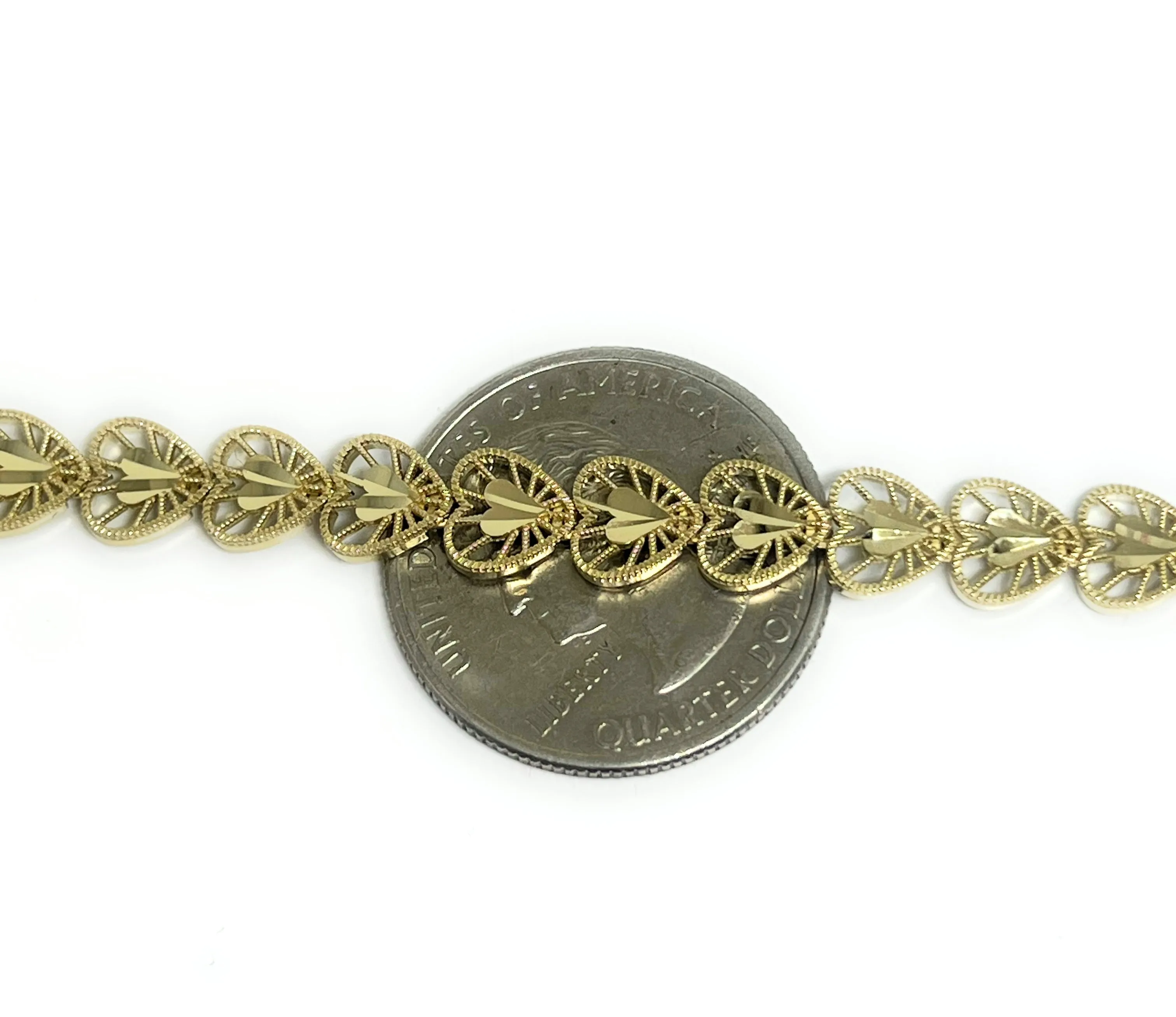 10k Solid Gold Yellow FILIGREE HEARTS 7.5 INCH 7MM BRRACELET