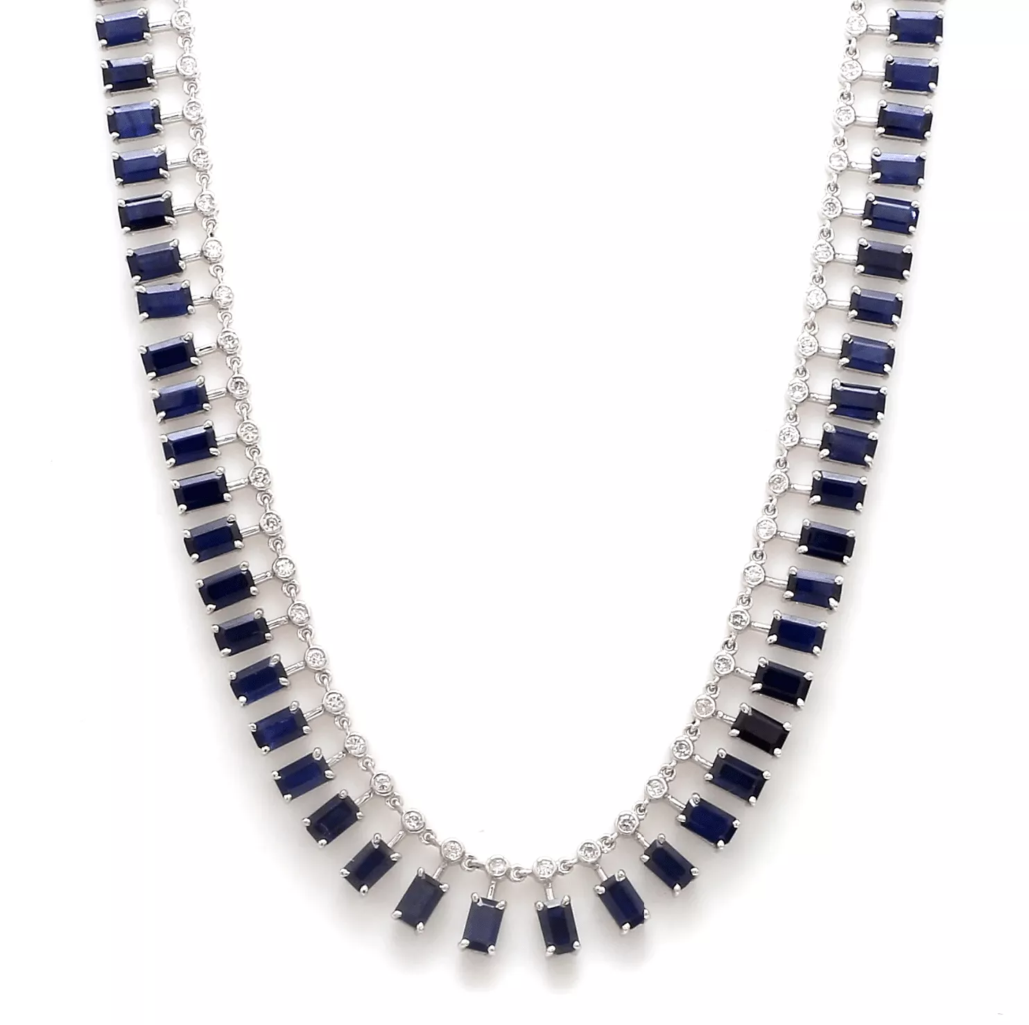 14K & 18K Diamond & Blue Sapphire Baguette Necklace, Large