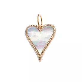 14K Gold Large Mother of Pearl and Diamond Elongated Heart Charm