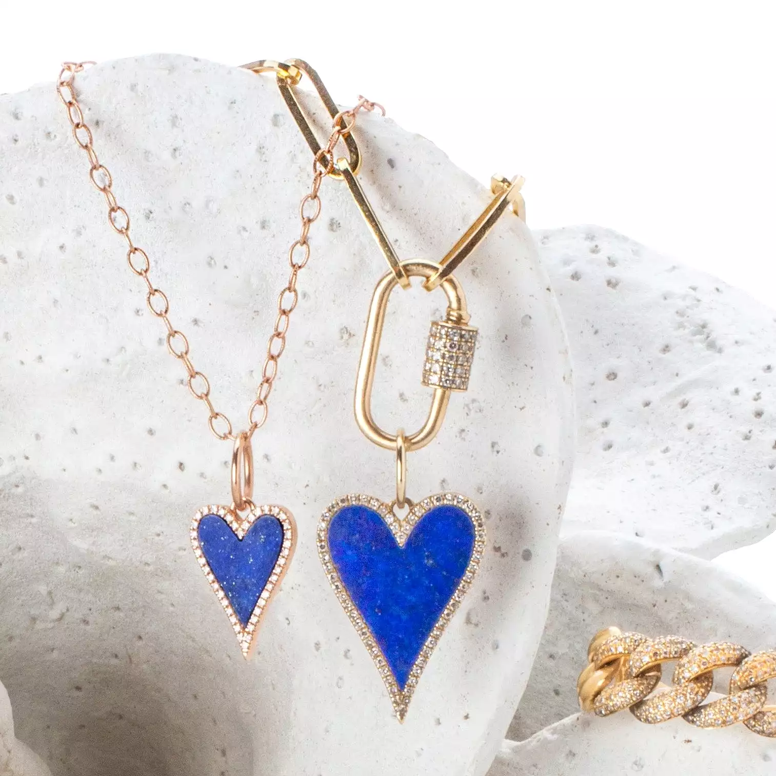 14K Gold Small Blue Lapis and Diamond Elongated Heart Charm