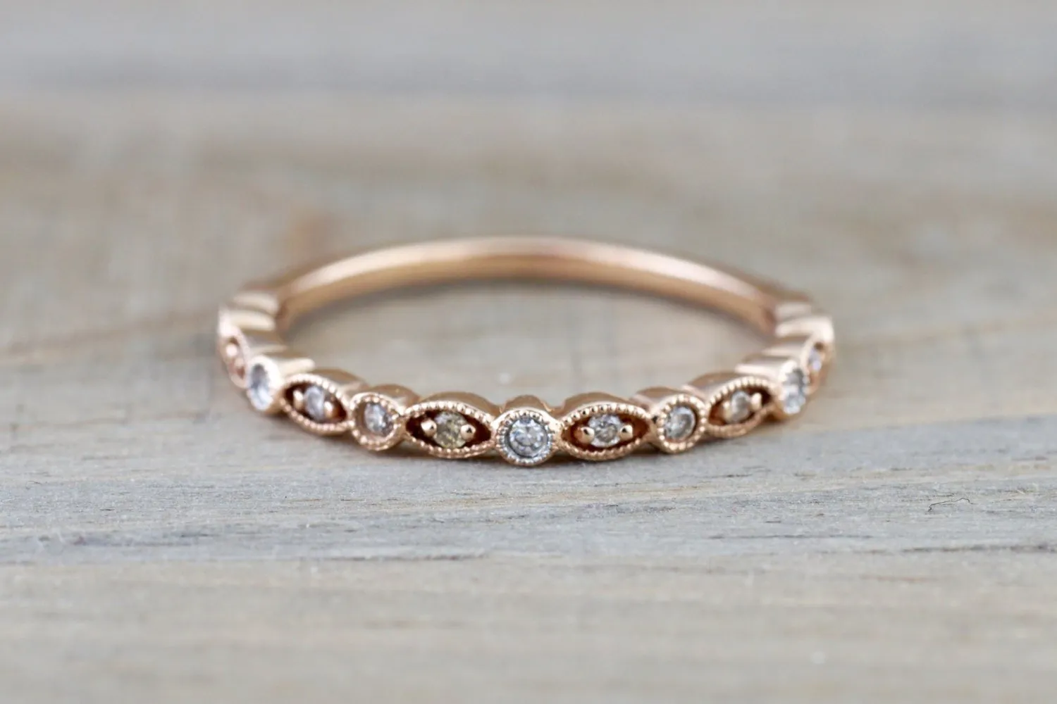 14k Rose Gold Diamond Vintage Milgrain Etch Etching Ring Antique Half Eternity Filigree Dainty Band