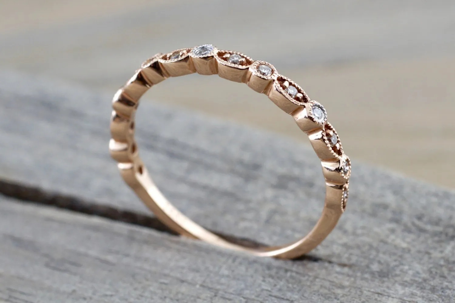 14k Rose Gold Diamond Vintage Milgrain Etch Etching Ring Antique Half Eternity Filigree Dainty Band