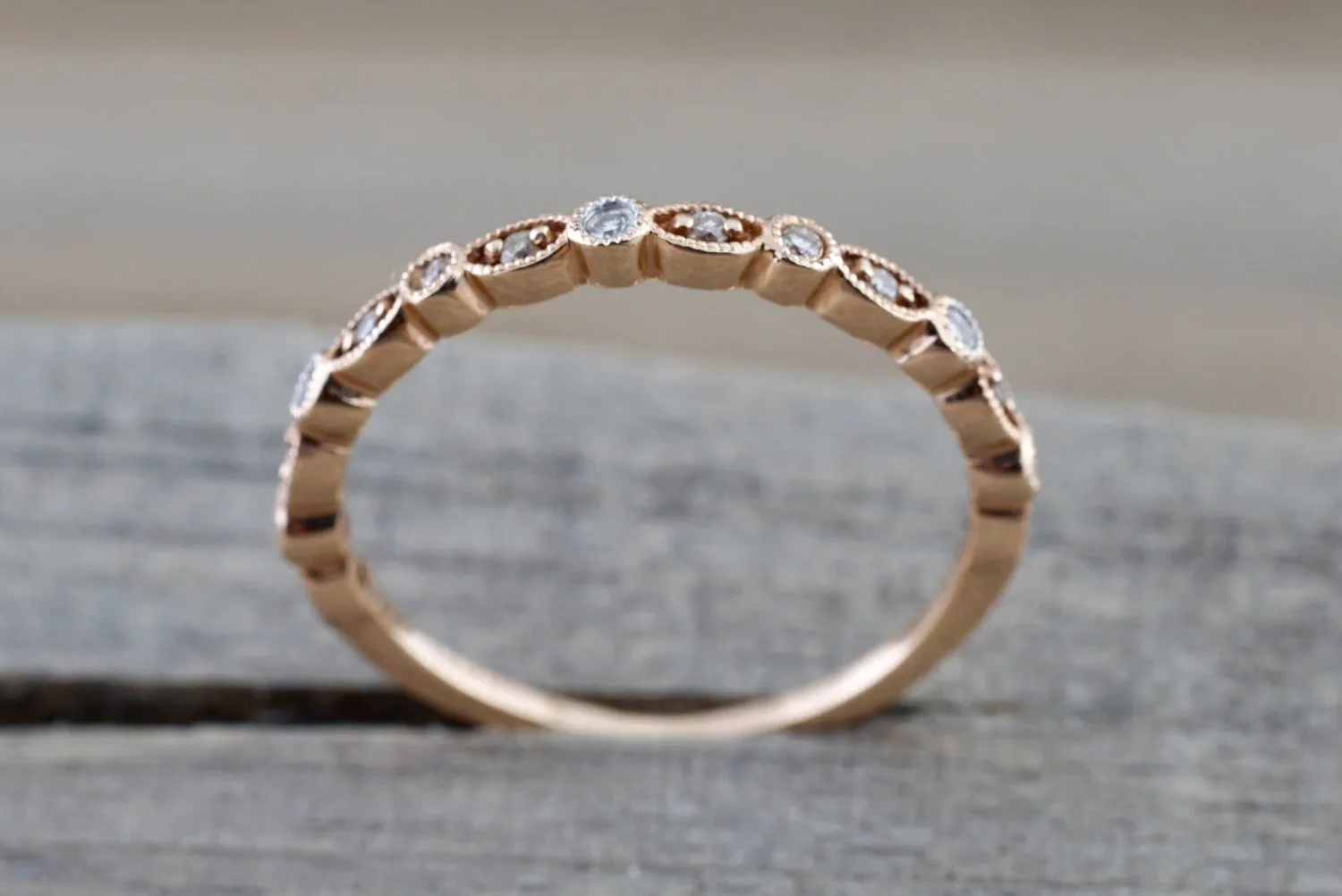 14k Rose Gold Diamond Vintage Milgrain Etch Etching Ring Antique Half Eternity Filigree Dainty Band