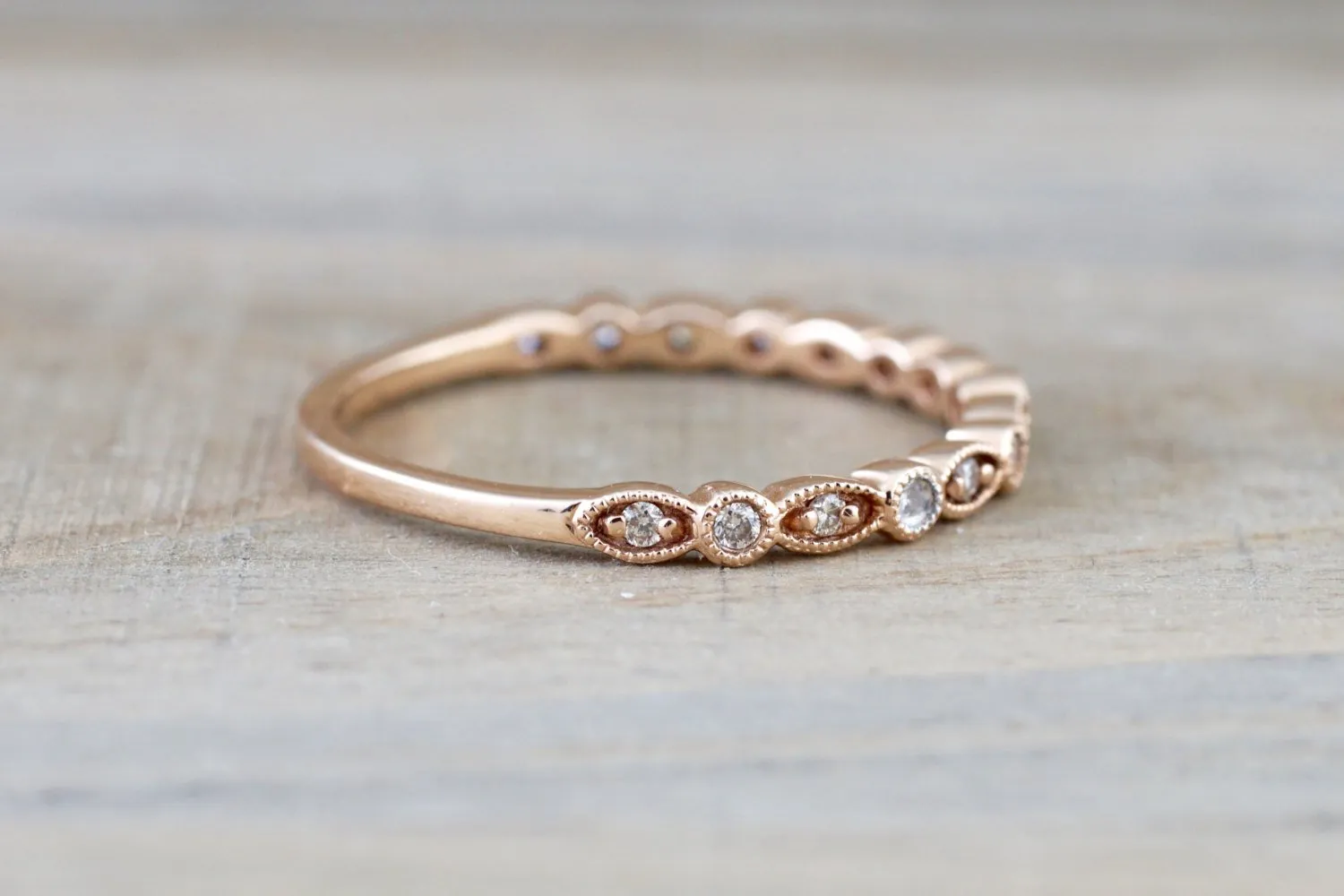 14k Rose Gold Diamond Vintage Milgrain Etch Etching Ring Antique Half Eternity Filigree Dainty Band