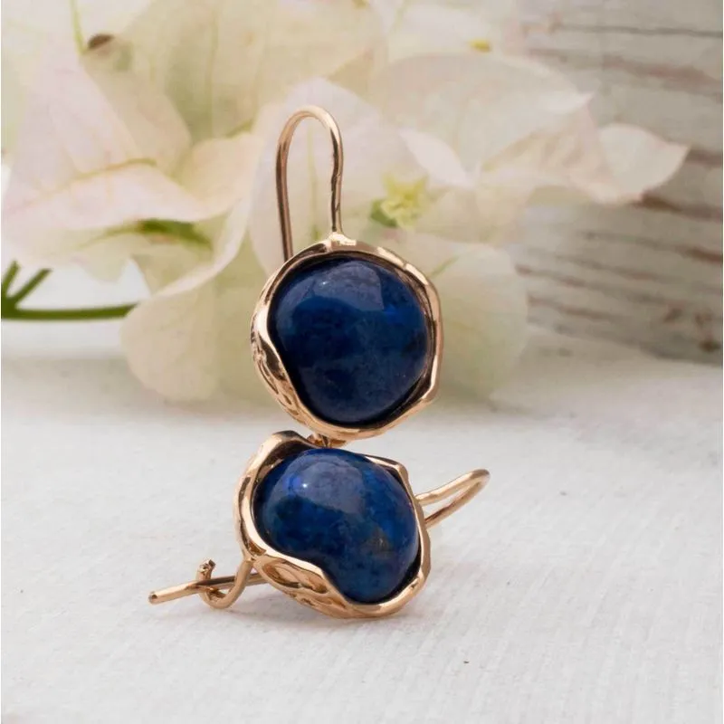 14K Rose Gold Round Blue Lapis Lazuli 12mm Dangle Earrings