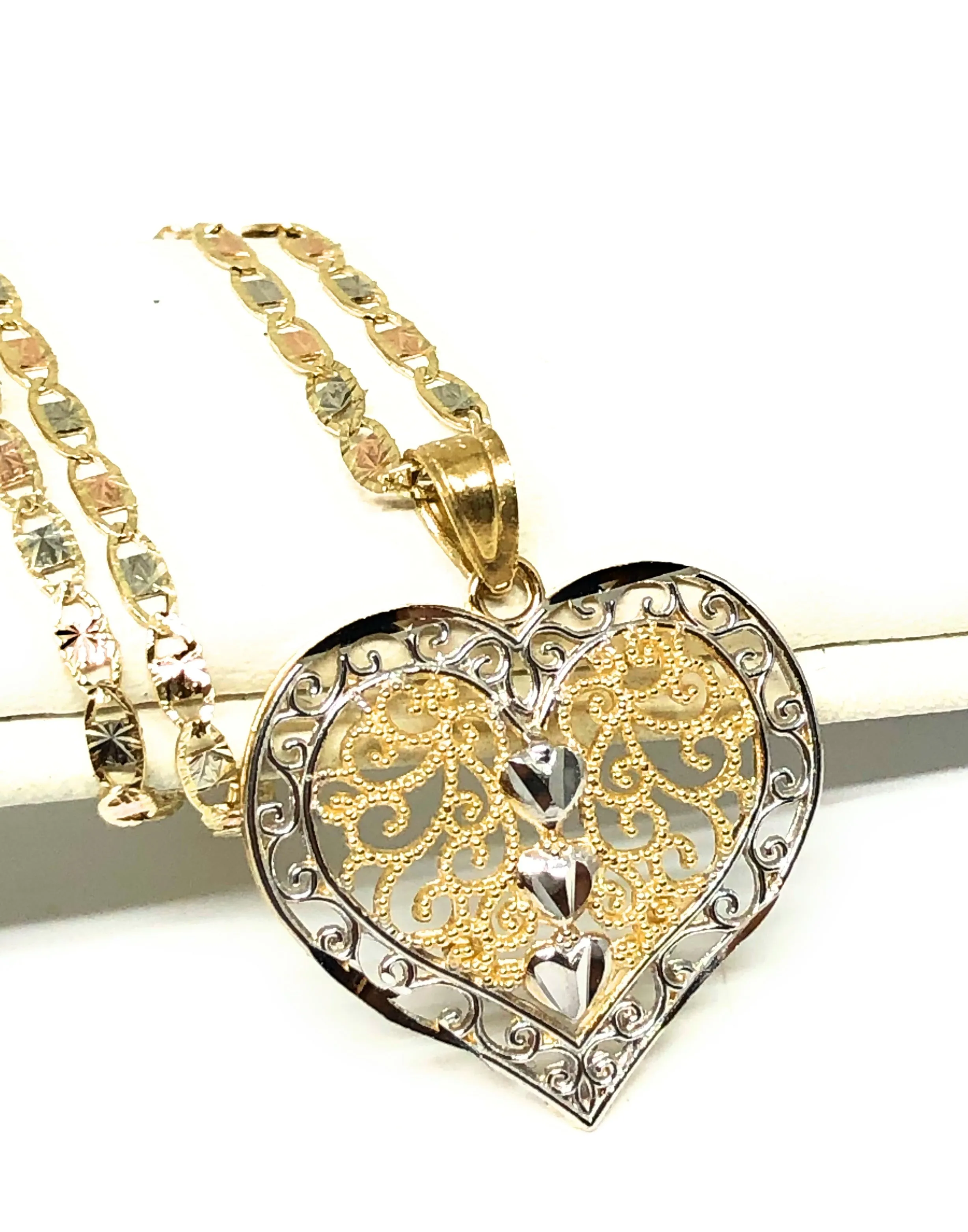 14k Solid Gold 2-Tone Heart Filigree Pendant Necklace With Valentina Chain