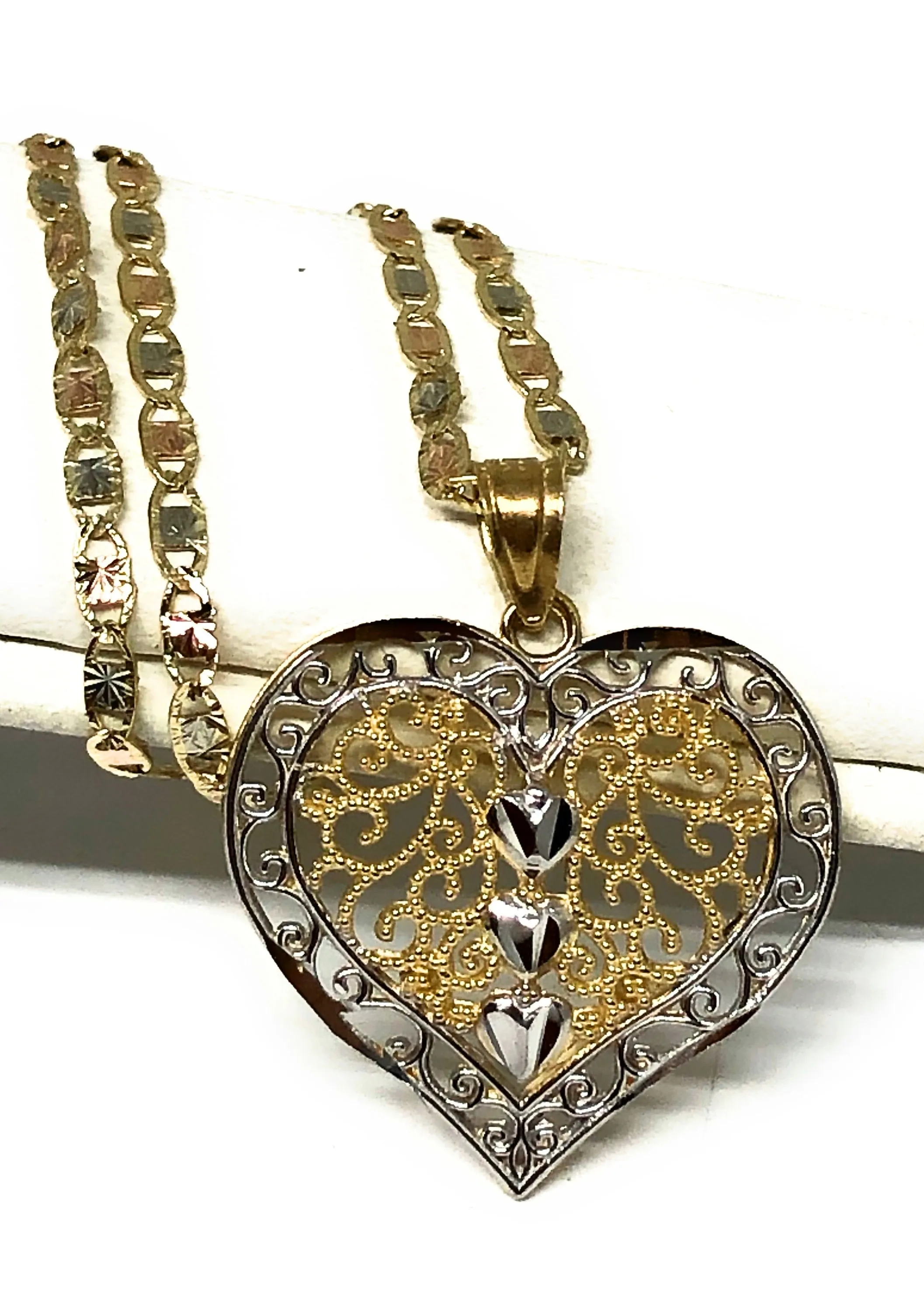 14k Solid Gold 2-Tone Heart Filigree Pendant Necklace With Valentina Chain