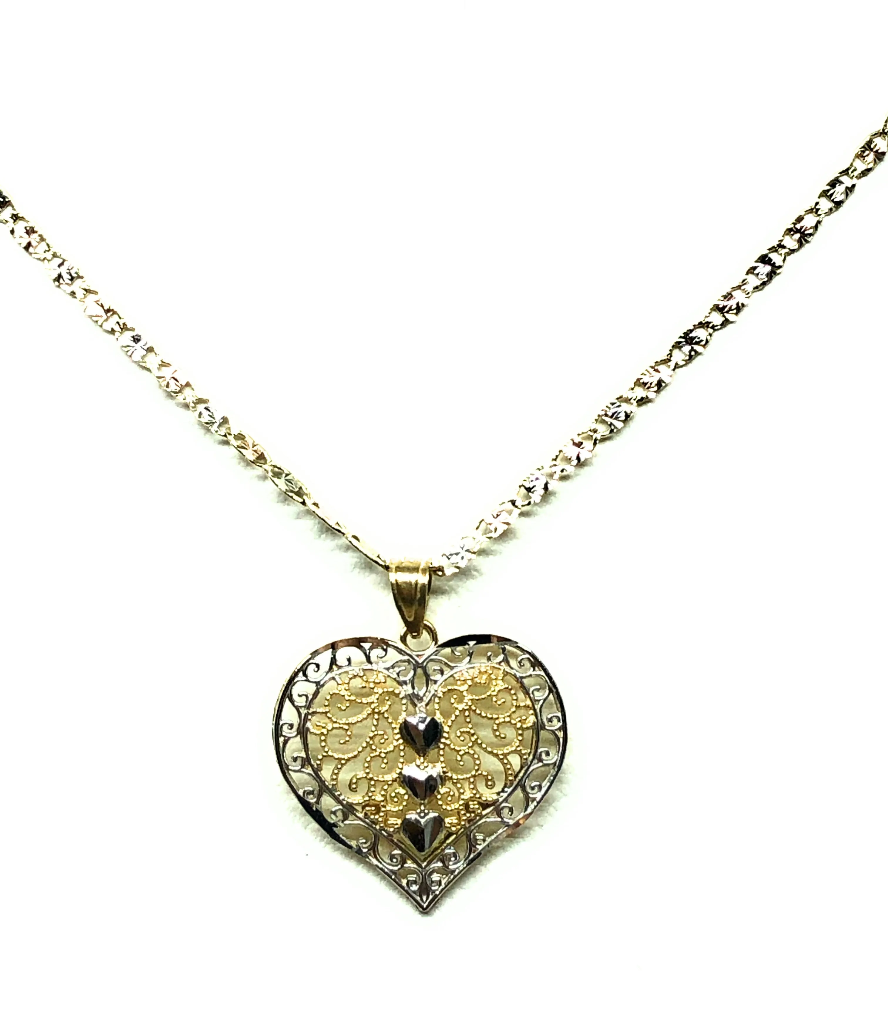 14k Solid Gold 2-Tone Heart Filigree Pendant Necklace With Valentina Chain