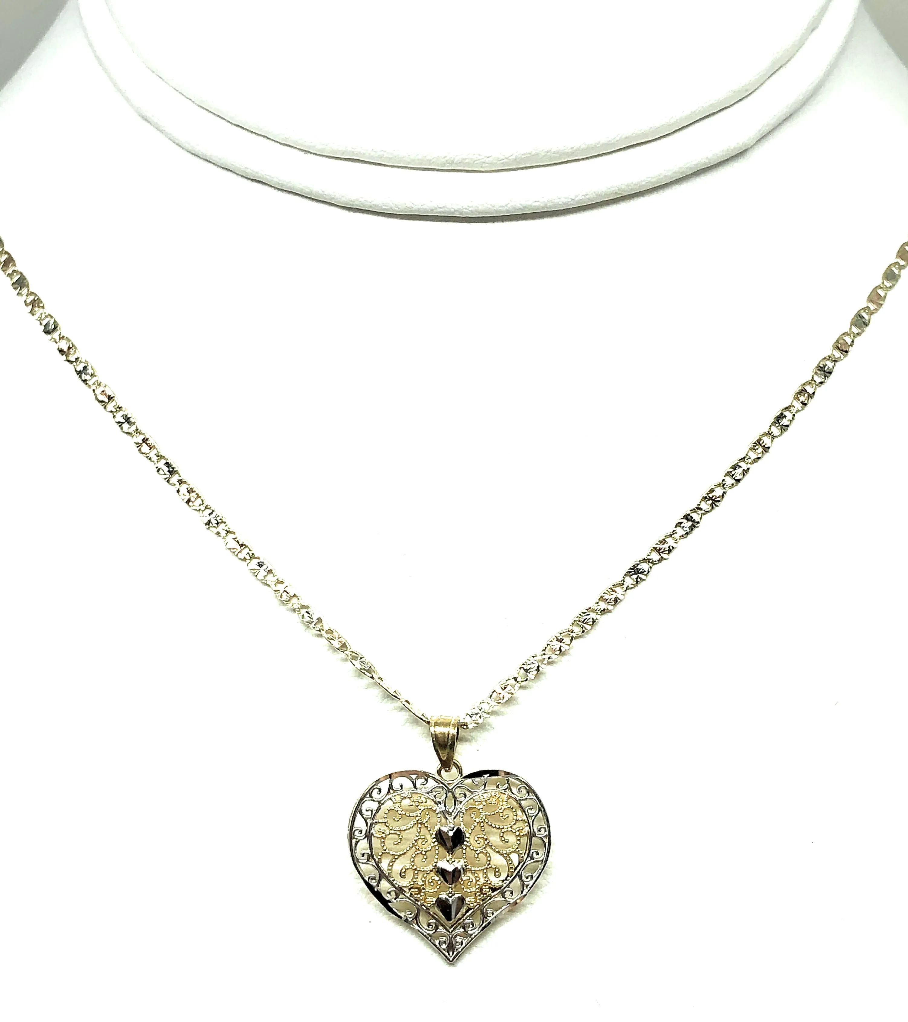 14k Solid Gold 2-Tone Heart Filigree Pendant Necklace With Valentina Chain