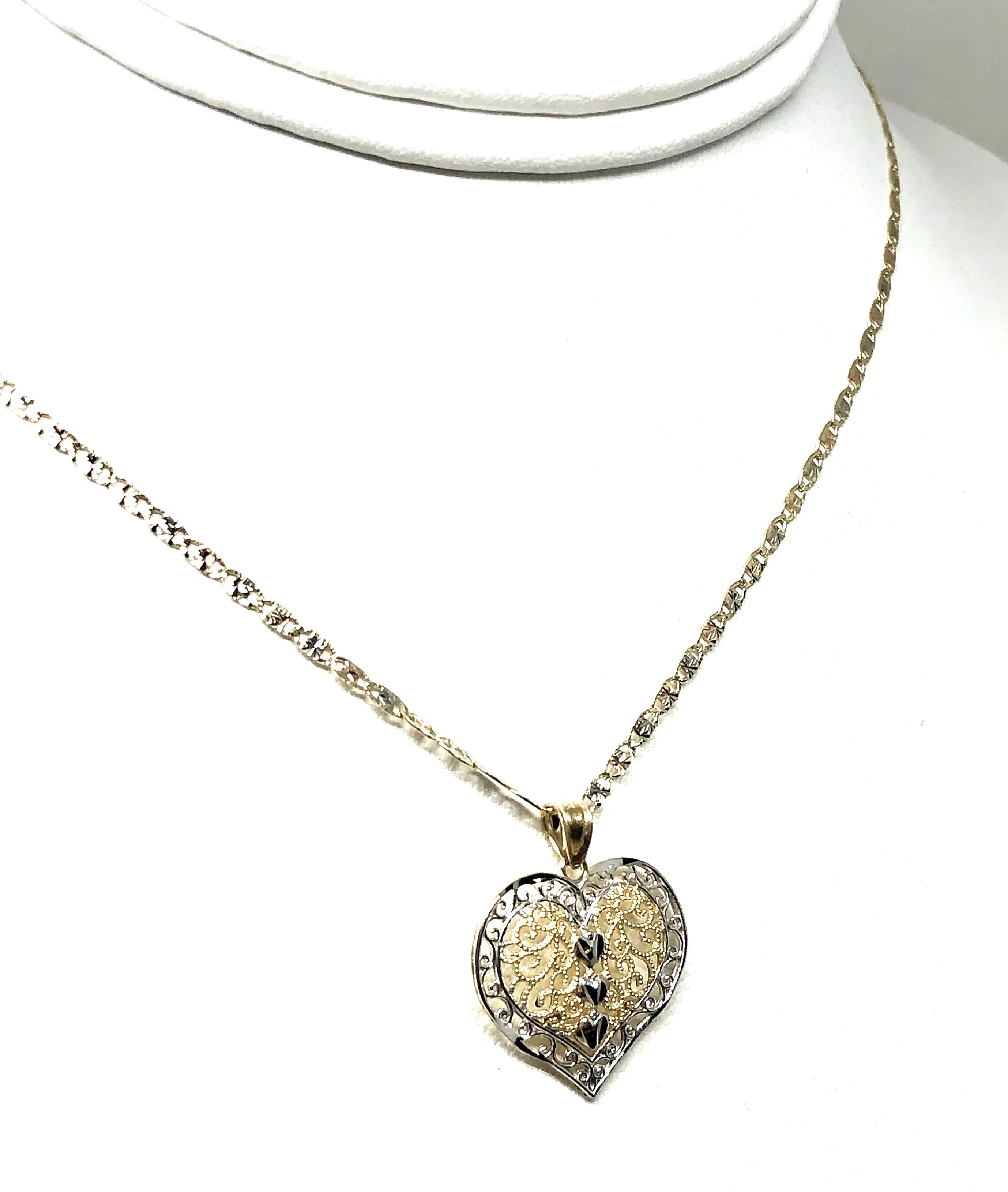 14k Solid Gold 2-Tone Heart Filigree Pendant Necklace With Valentina Chain