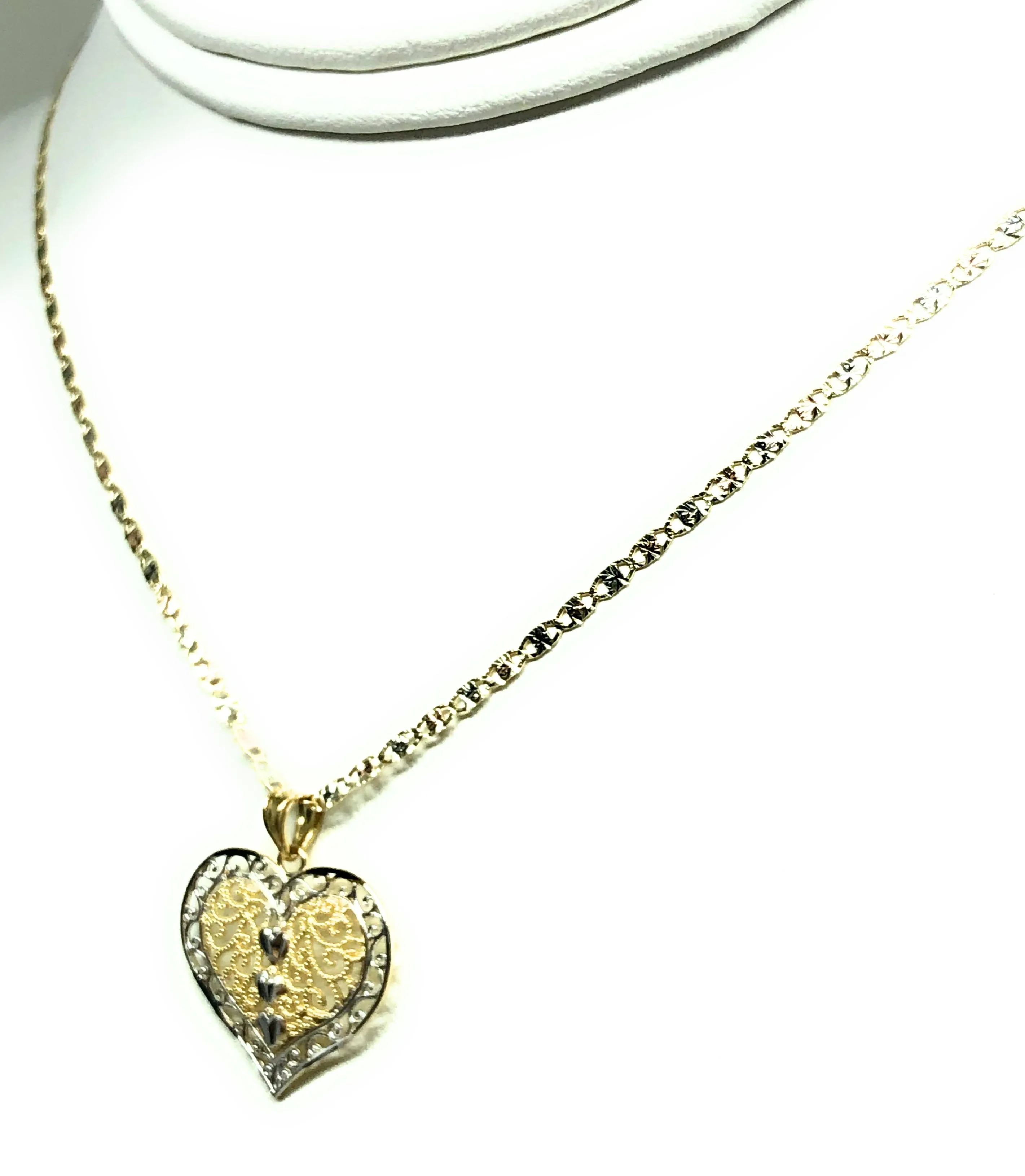 14k Solid Gold 2-Tone Heart Filigree Pendant Necklace With Valentina Chain