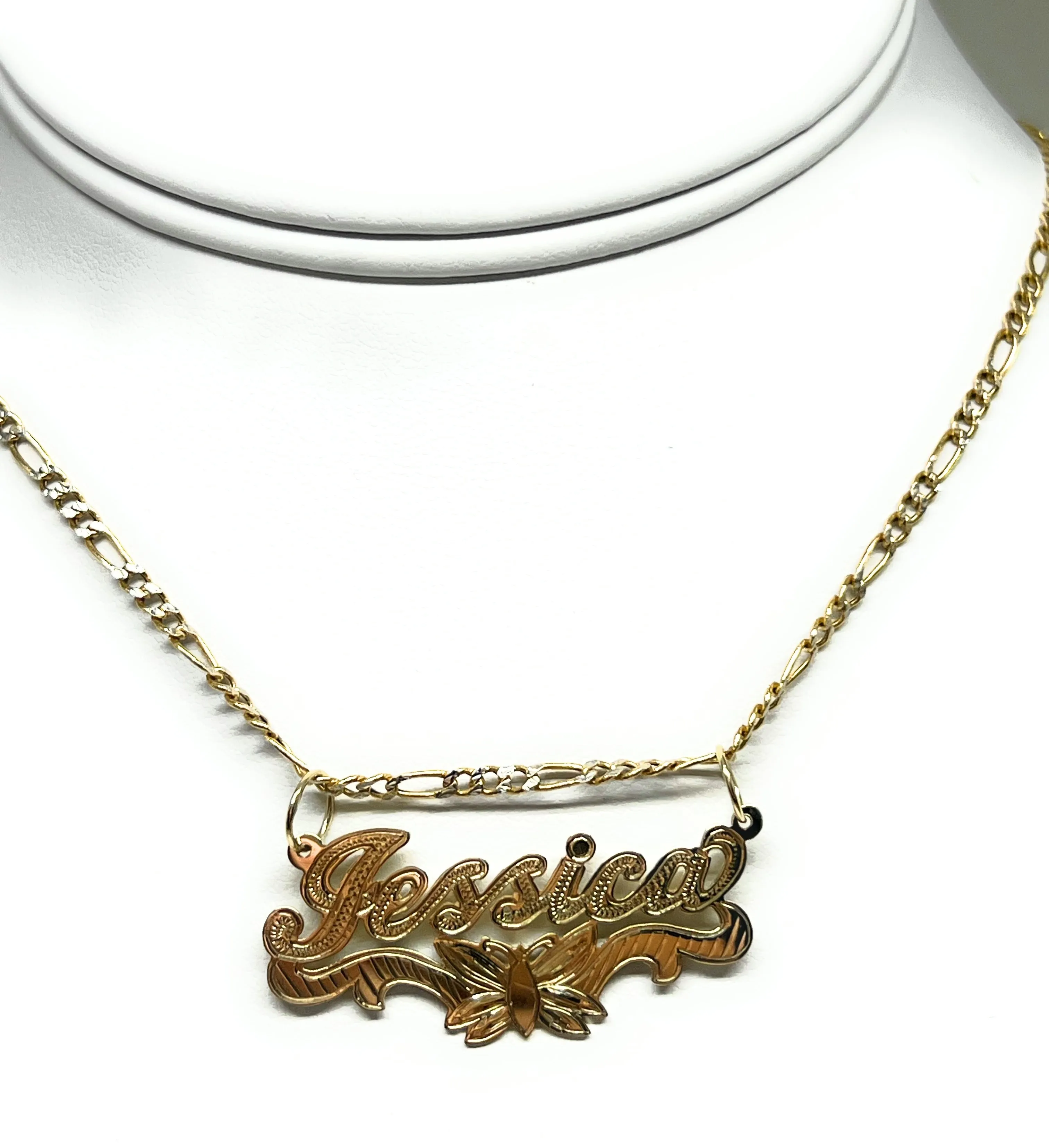 14k Solid Gold Yellow ENGRAVED Cursive Butterflies Custom Nameplate Pendant Necklace