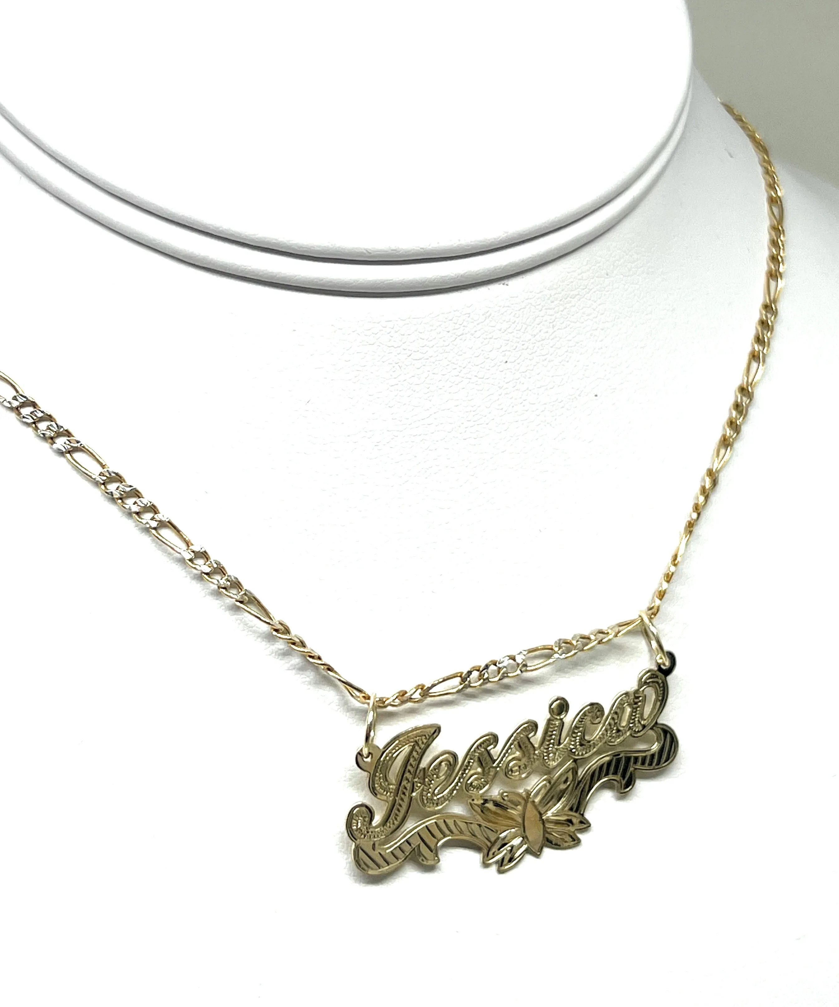 14k Solid Gold Yellow ENGRAVED Cursive Butterflies Custom Nameplate Pendant Necklace