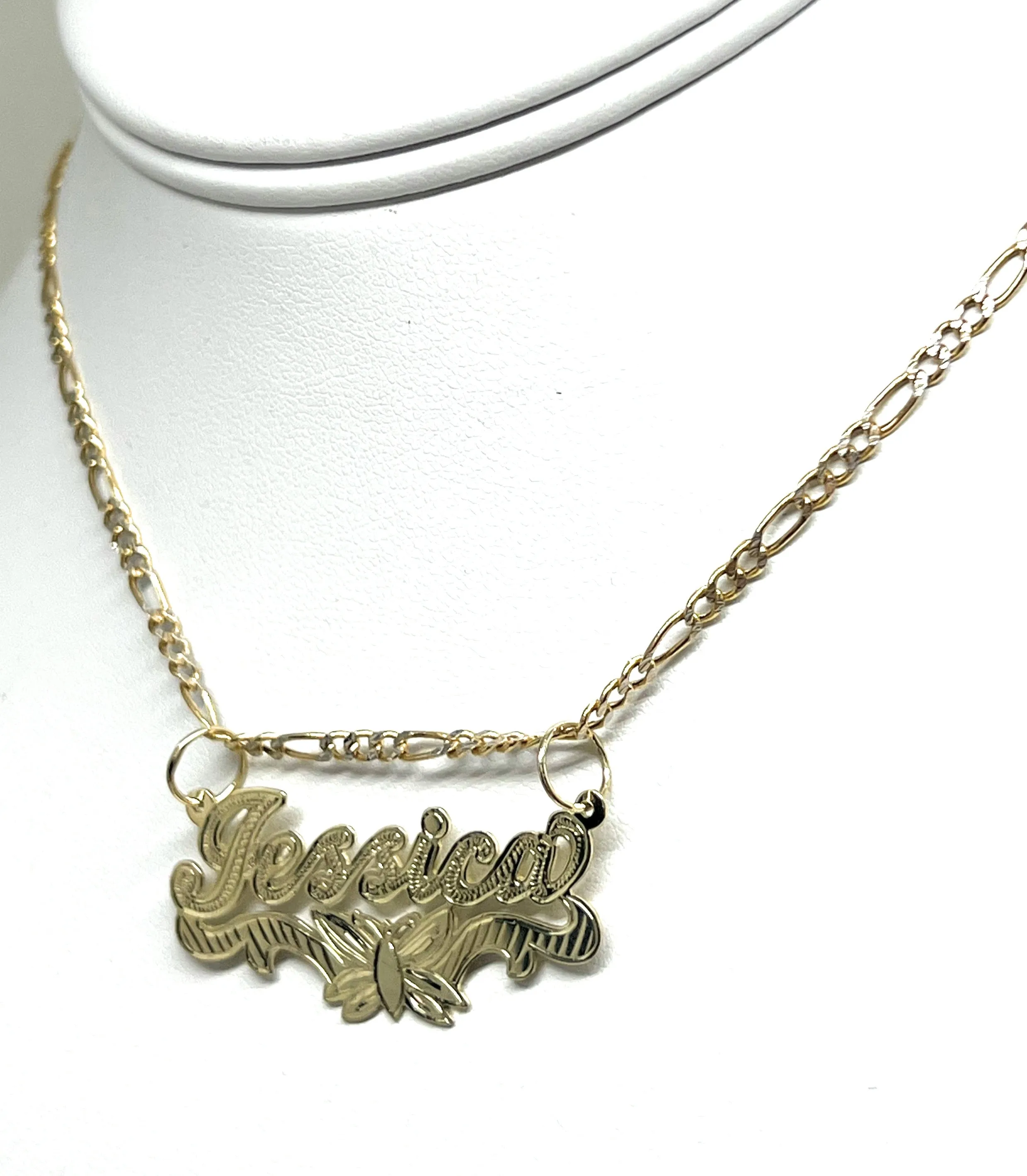 14k Solid Gold Yellow ENGRAVED Cursive Butterflies Custom Nameplate Pendant Necklace