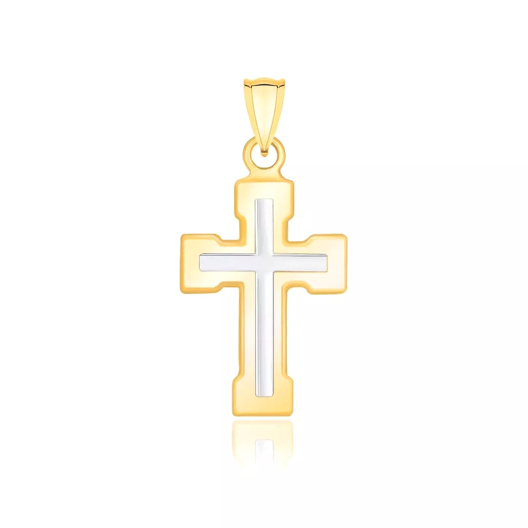 14k Two-Tone Gold Dual Cross Design Pendant with Block Ends