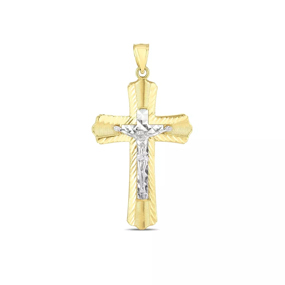 14k Two Tone Gold High Polish Diamond Cut Cross Pendant