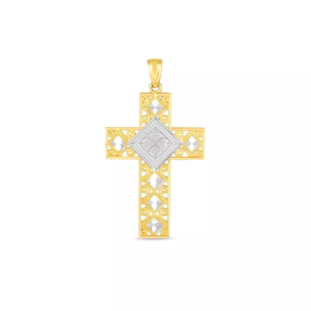 14k Two Tone Gold High Polish Diamond Cut Cross Pendant