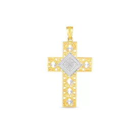 14k Two Tone Gold High Polish Diamond Cut Cross Pendant