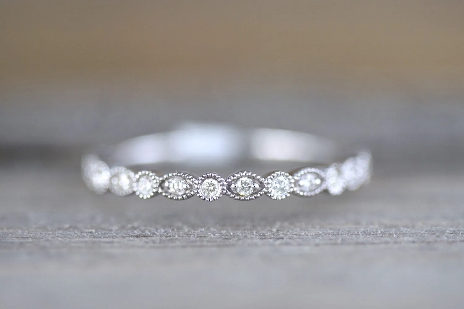 14k White Gold Diamond Vintage Milgrain Etch Etching Ring Antique Half Eternity Filigree Dainty Band