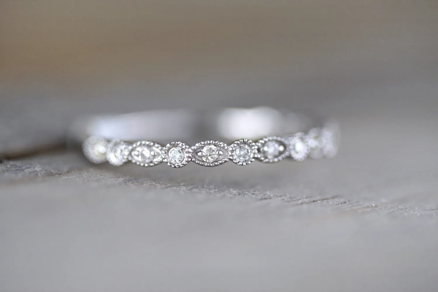 14k White Gold Diamond Vintage Milgrain Etch Etching Ring Antique Half Eternity Filigree Dainty Band