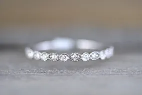 14k White Gold Diamond Vintage Milgrain Etch Etching Ring Antique Half Eternity Filigree Dainty Band