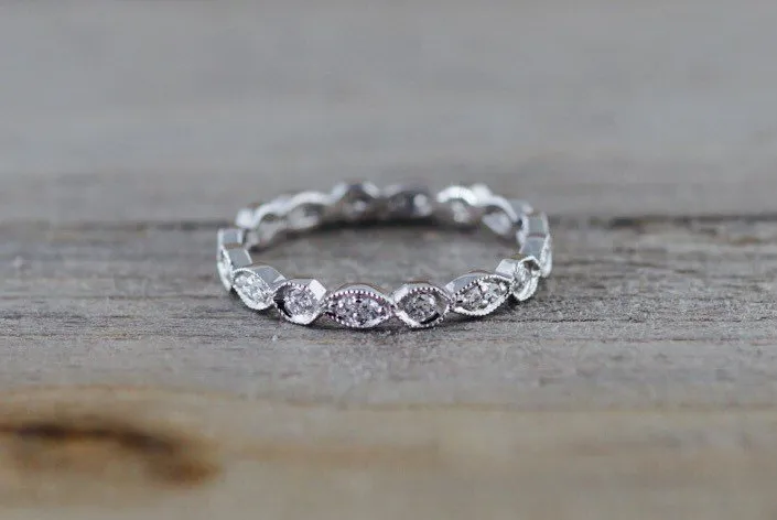 14k White Gold Full Diamond Eternity All Around Vintage Milgrain Etch Etching Ring Antique Half Eternity Filigree Dainty Band Ar