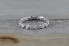 14k White Gold Full Diamond Eternity All Around Vintage Milgrain Etch Etching Ring Antique Half Eternity Filigree Dainty Band Ar