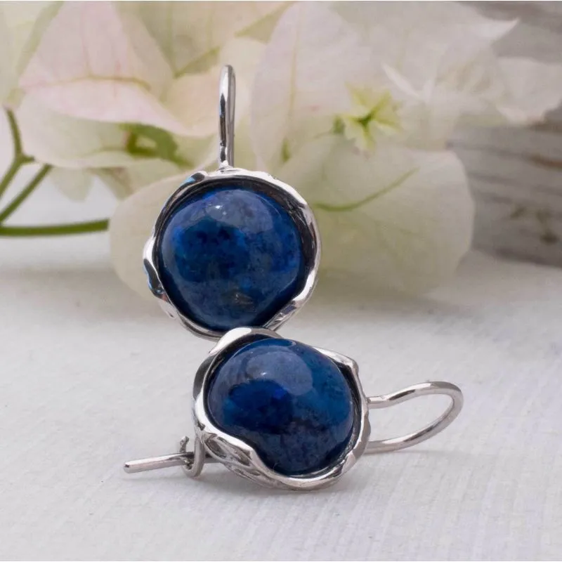 14K White Gold Round Blue Lapis Lazuli 12mm Dangle Earrings