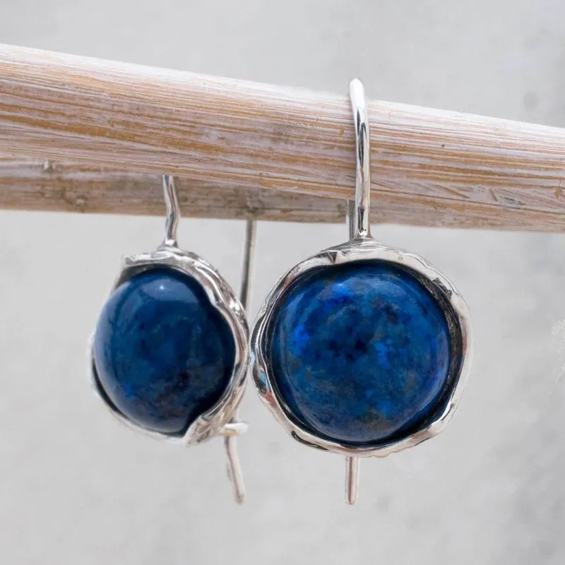 14K White Gold Round Blue Lapis Lazuli 12mm Dangle Earrings