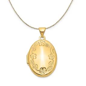 14k Yellow Gold 21mm Hand Engraved Floral Oval Locket Necklace