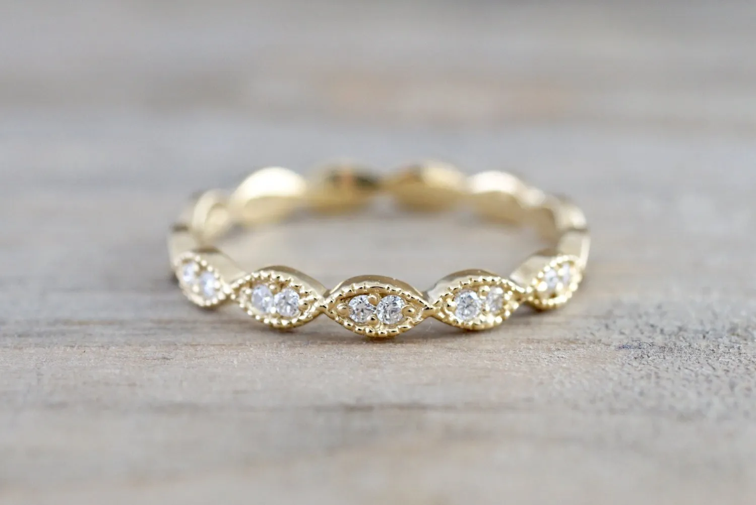 14k Yellow Gold Diamond Vintage Milgrain Etch Etching Ring Antique Half Eternity Filigree Dainty Band