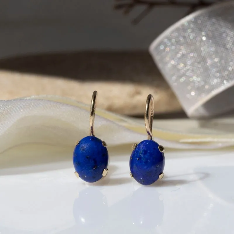 14K Yellow Gold Drop Earrings Inlaid With Lapis Lazuli