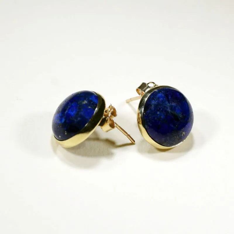 14K Yellow Gold Round Blue Lapis Lazuli 12mm Stud Earrings