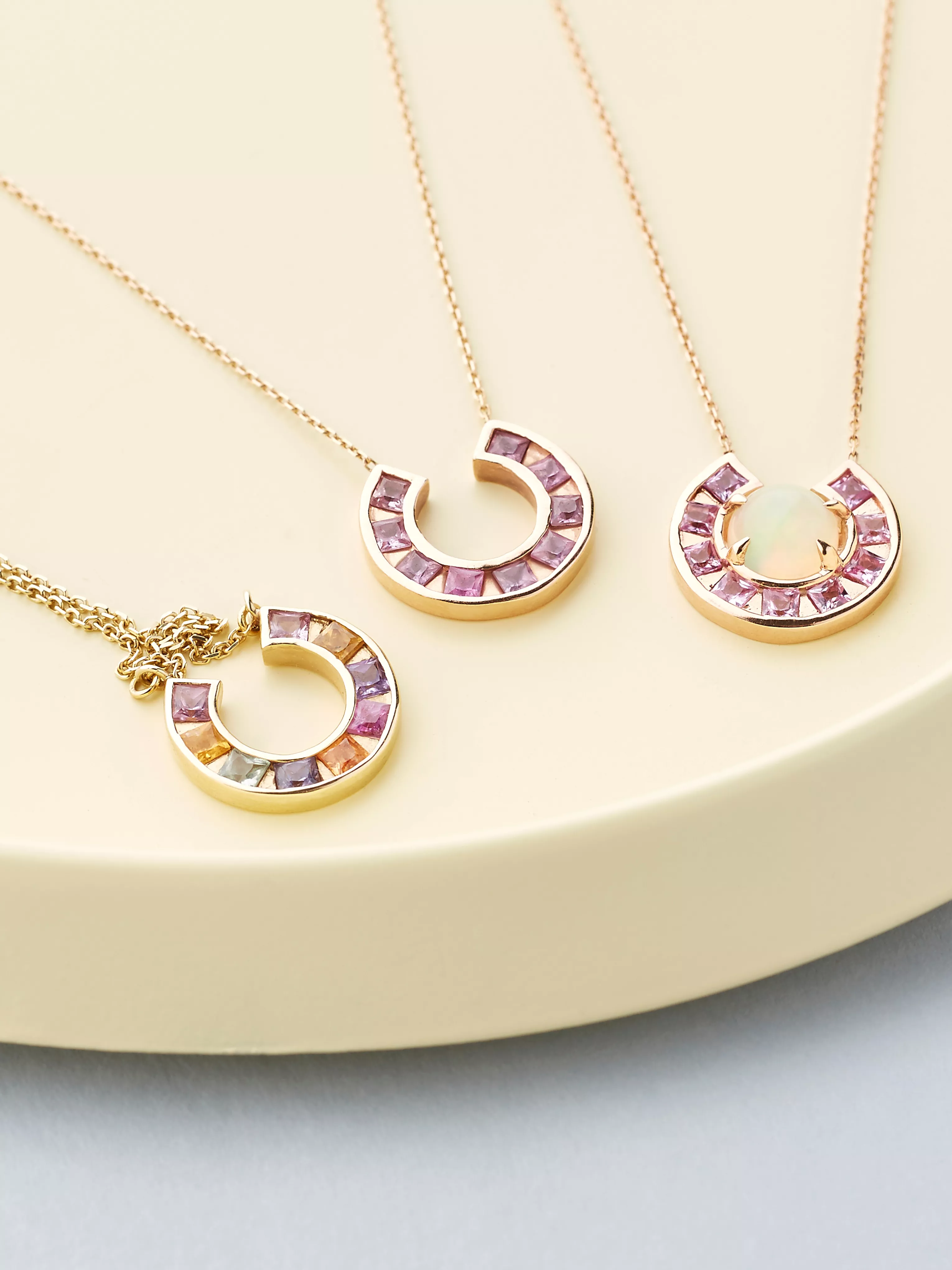 14K Yellow Gold Sundial Necklace with Multicolored Sapphires