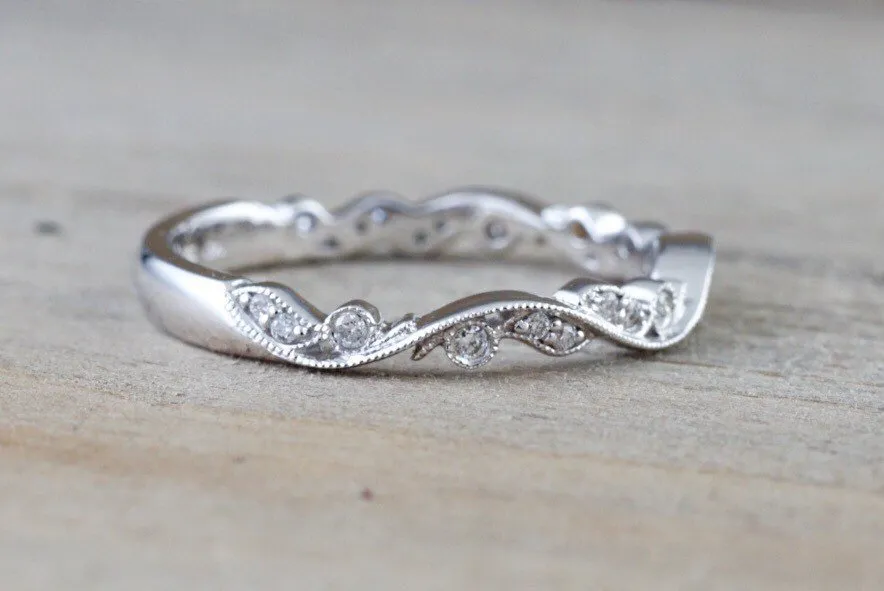 14kt White Gold Diamond Milgrain Leaf Vintage Vine Swirl Petal 3/4 Wedding Engagement Anniversary Band Ring Filigree Vine