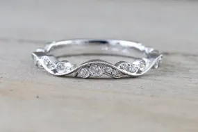 14kt White Gold Diamond Milgrain Leaf Vintage Vine Swirl Petal 3/4 Wedding Engagement Anniversary Band Ring Filigree Vine