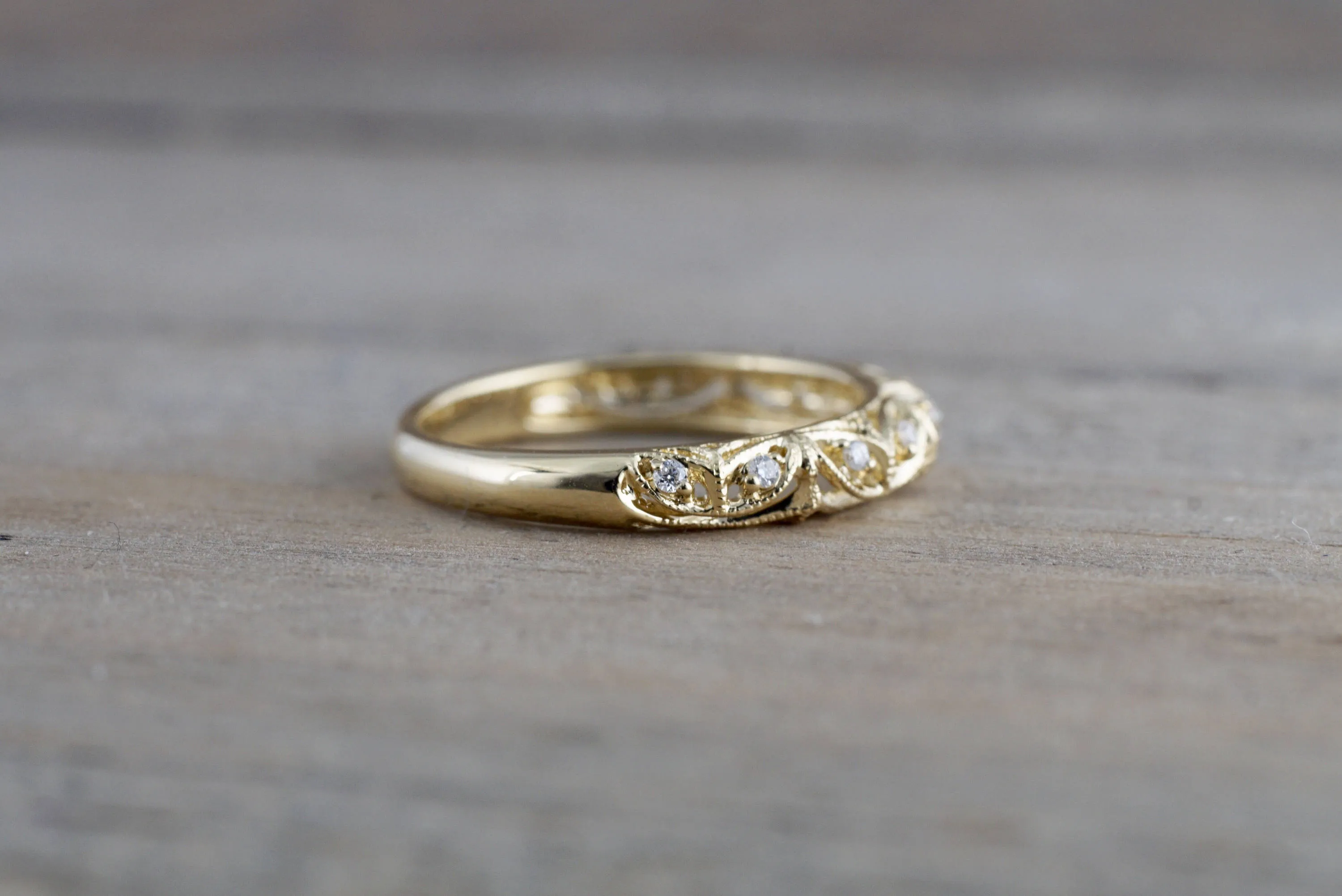 14kt Yellow Gold Diamond Milgrain Etching Vintage Wedding Engagement Anniversary Band Ring Filigree Vine