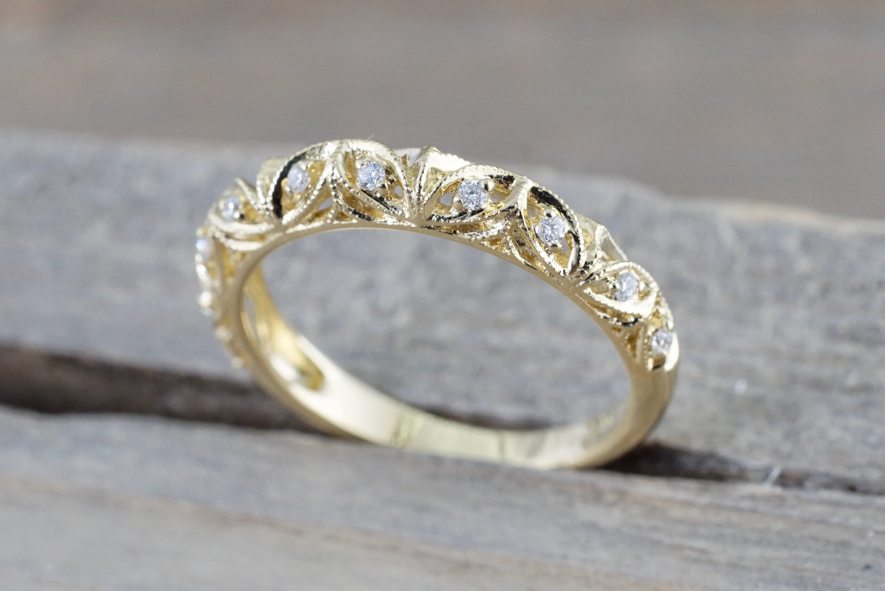 14kt Yellow Gold Diamond Milgrain Etching Vintage Wedding Engagement Anniversary Band Ring Filigree Vine