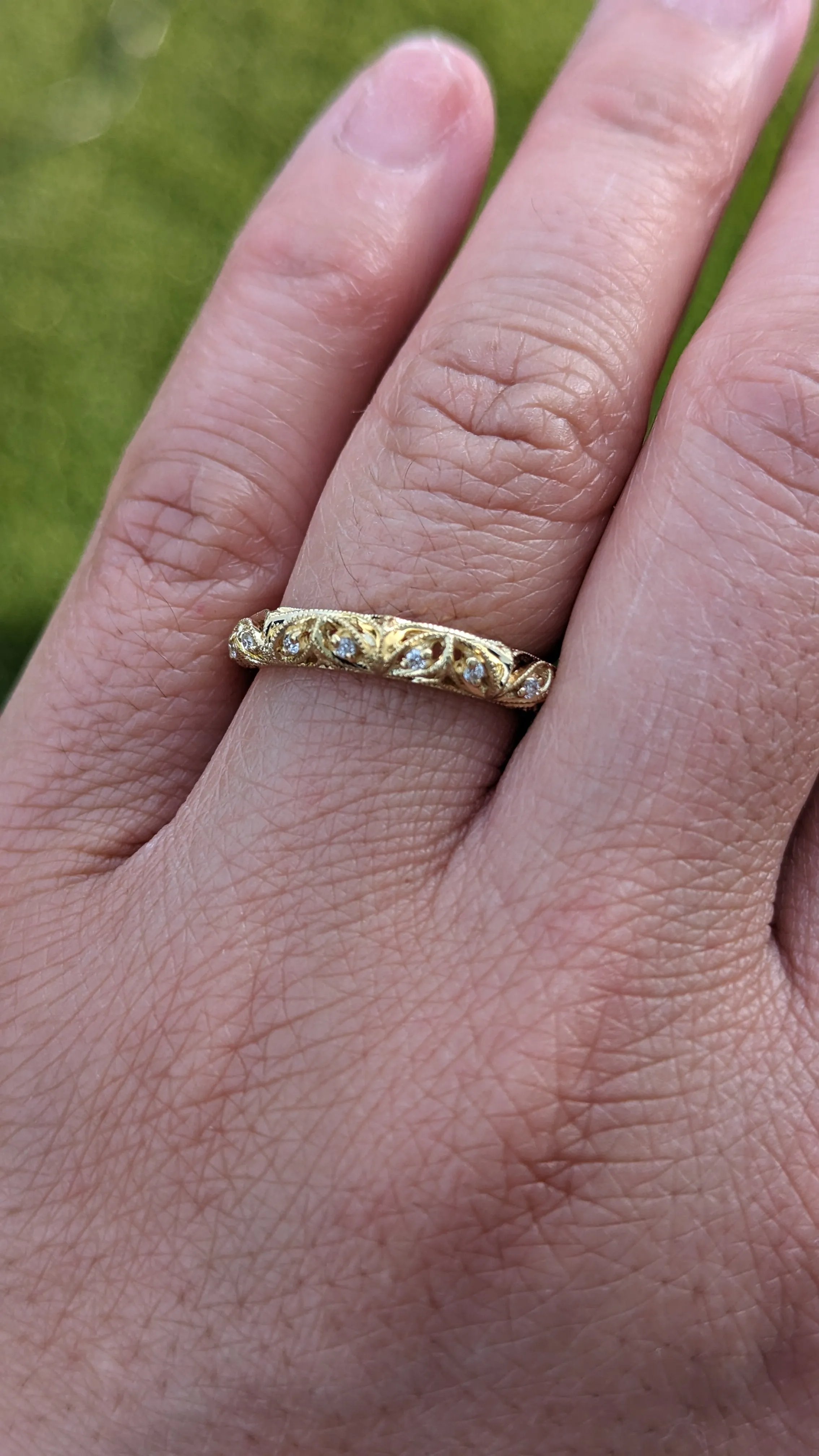 14kt Yellow Gold Diamond Milgrain Etching Vintage Wedding Engagement Anniversary Band Ring Filigree Vine