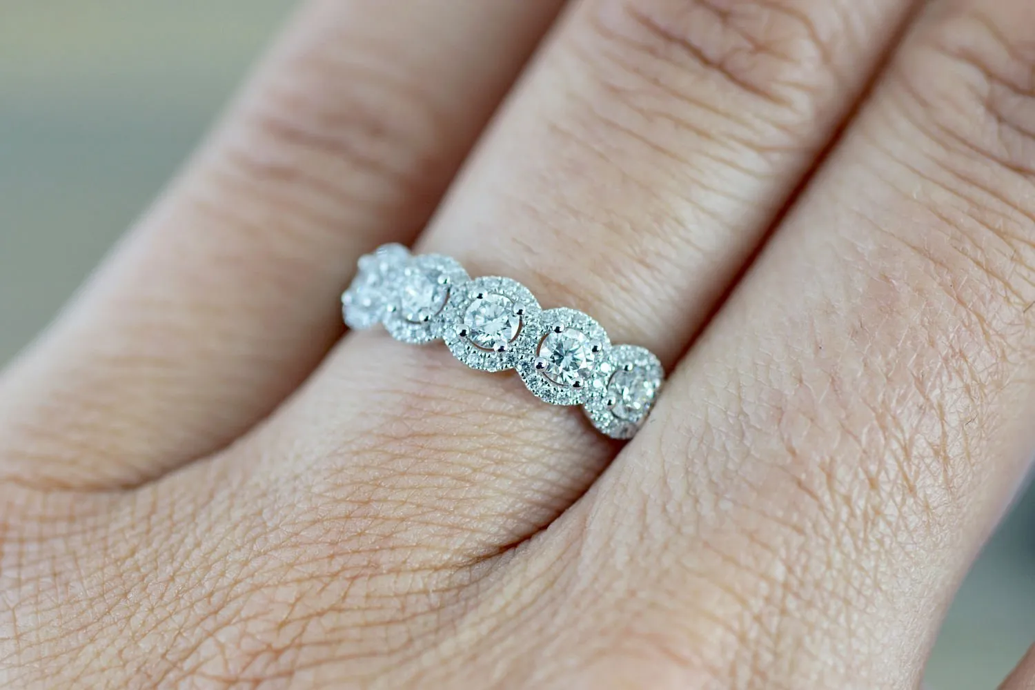 18k White Gold Diamond  Anniversary Halo Vintage Ring Antique Half Eternity Filigree Dainty Band 5