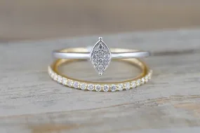 18k Yellow Gold Double Band Diamond Ring And Marquis Cluster In Rhodium Antique Half Eternity Filigree Dainty Band