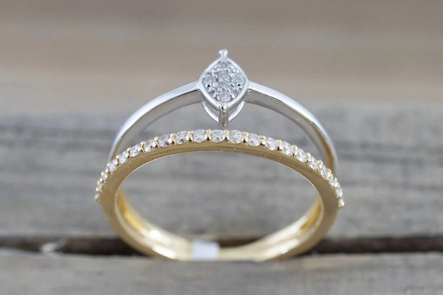 18k Yellow Gold Double Band Diamond Ring And Marquis Cluster In Rhodium Antique Half Eternity Filigree Dainty Band