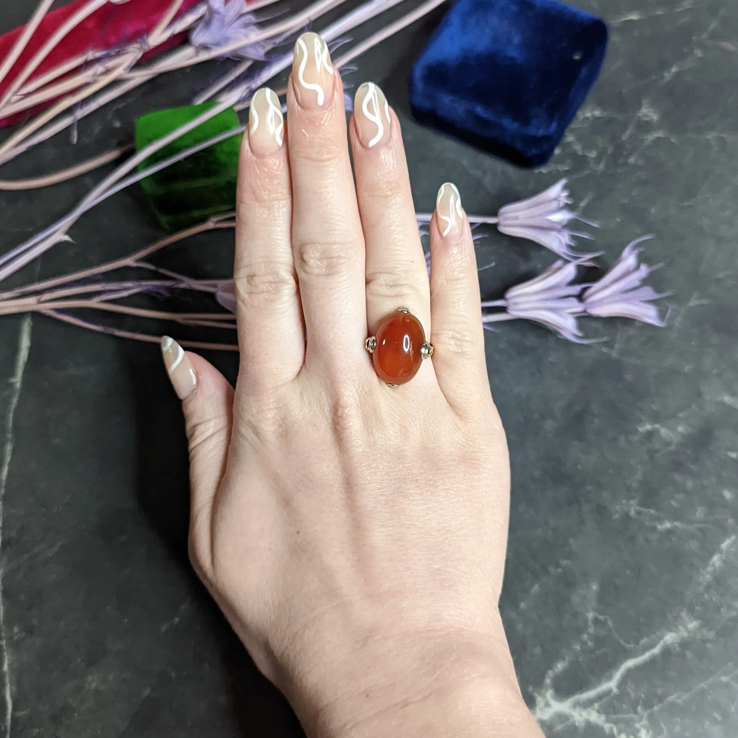 1920's Art Deco Carnelian Cabochon 14 Karat Two-Tone Gold Ring