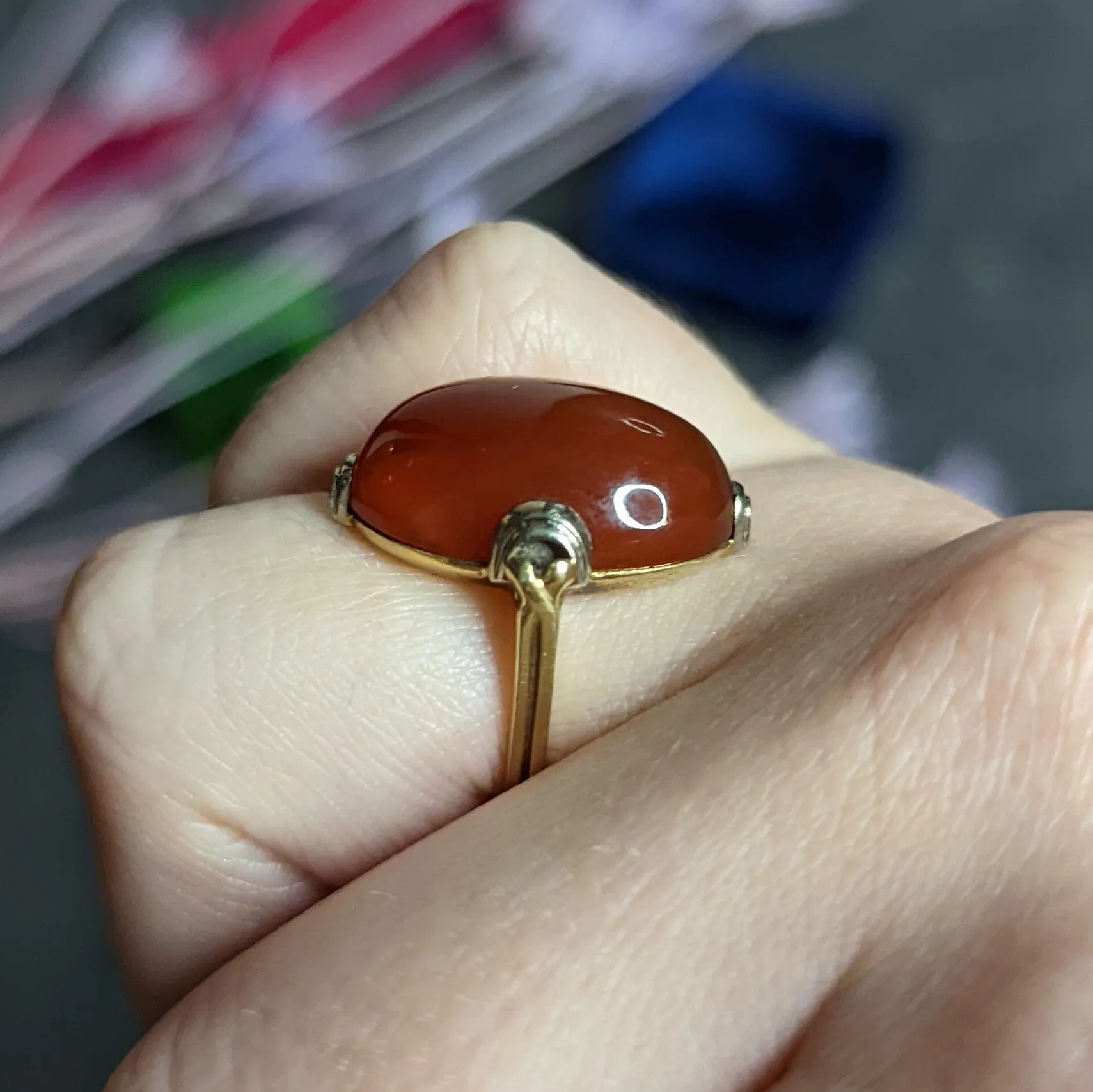 1920's Art Deco Carnelian Cabochon 14 Karat Two-Tone Gold Ring