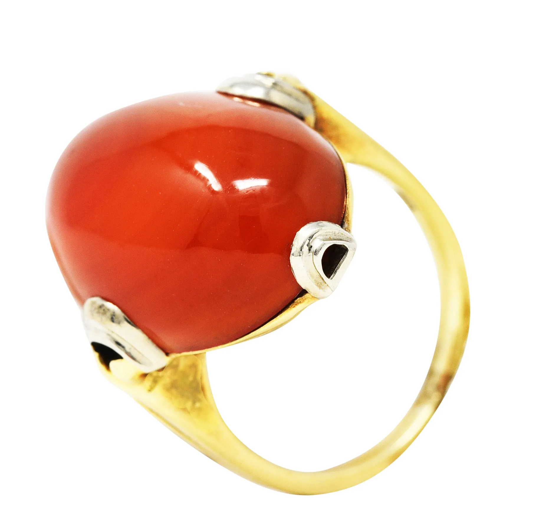 1920's Art Deco Carnelian Cabochon 14 Karat Two-Tone Gold Ring