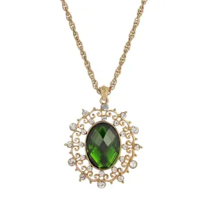 1928 Jewelry Green Stone And Crystal Large Oval Pendant Necklace 16 + 3 Extender