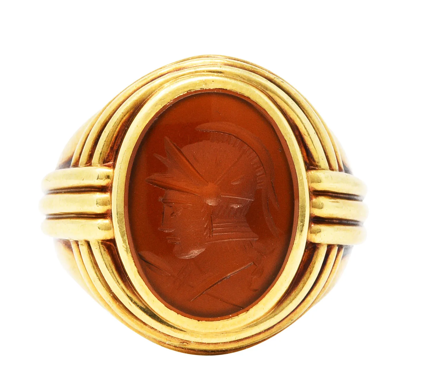 1939 Jones & Woodland Co. Sard Carnelian Intaglio 14 Karat Gold Warrior Signet Ring